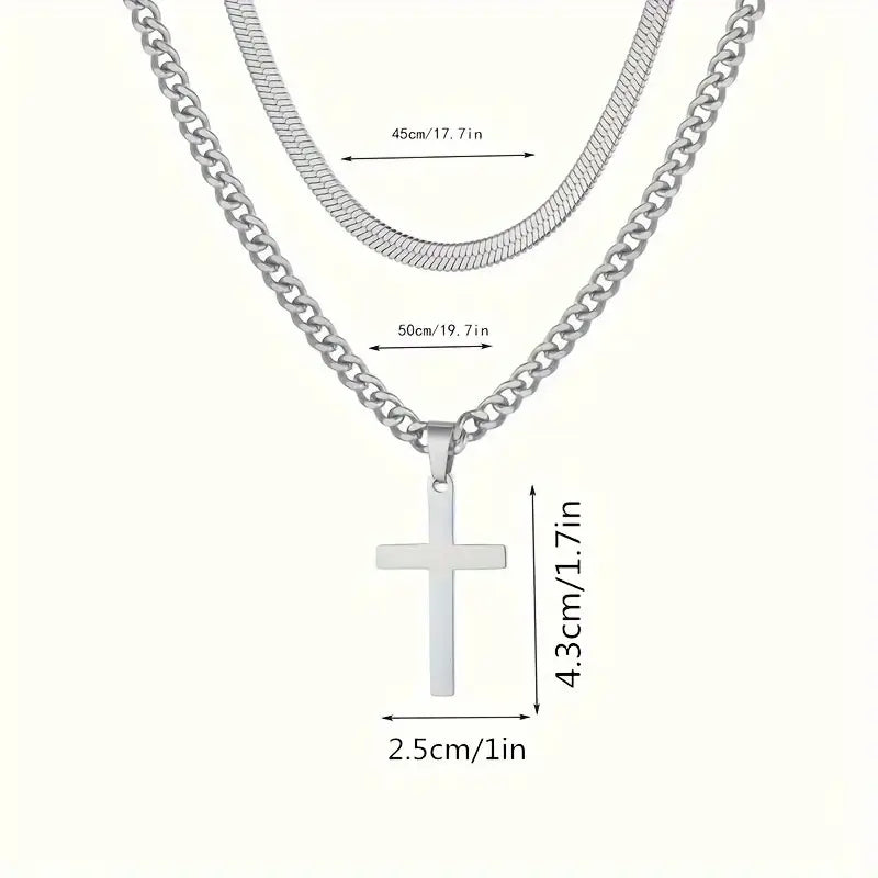 Collier Double Chaîne Acier Inoxydable avec Pendentif Croix