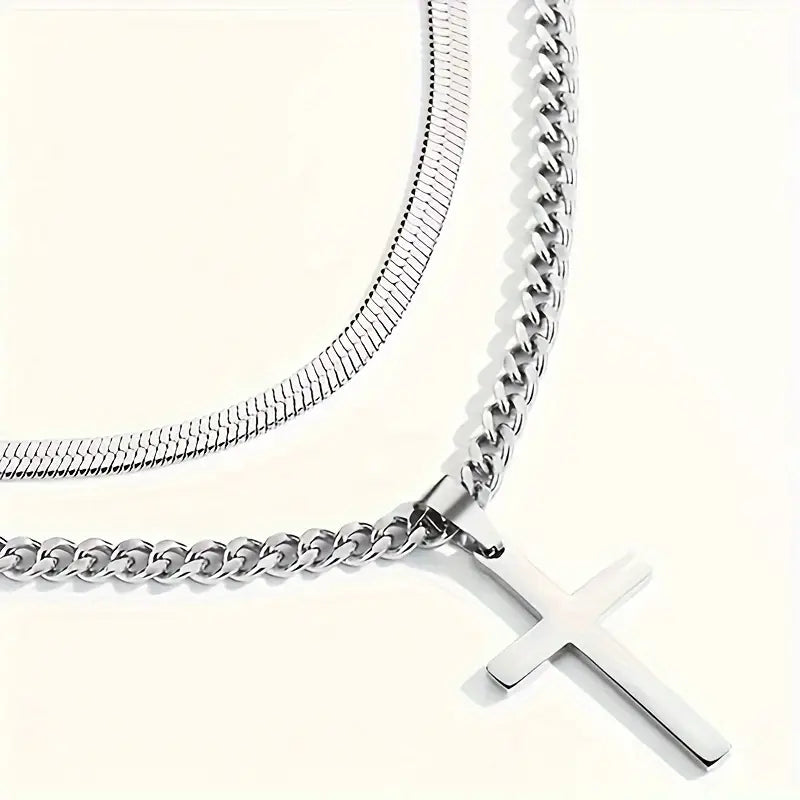 Collier Double Chaîne Acier Inoxydable avec Pendentif Croix