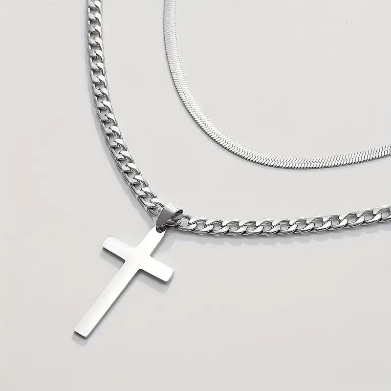 Collier Double Chaîne Acier Inoxydable avec Pendentif Croix