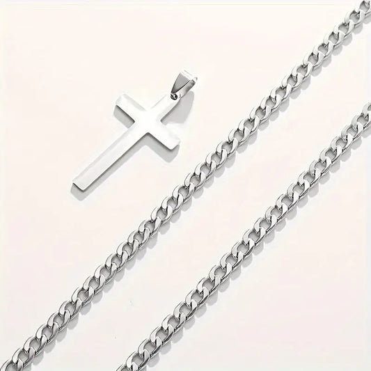 Collier Double Chaîne Acier Inoxydable avec Pendentif Croix